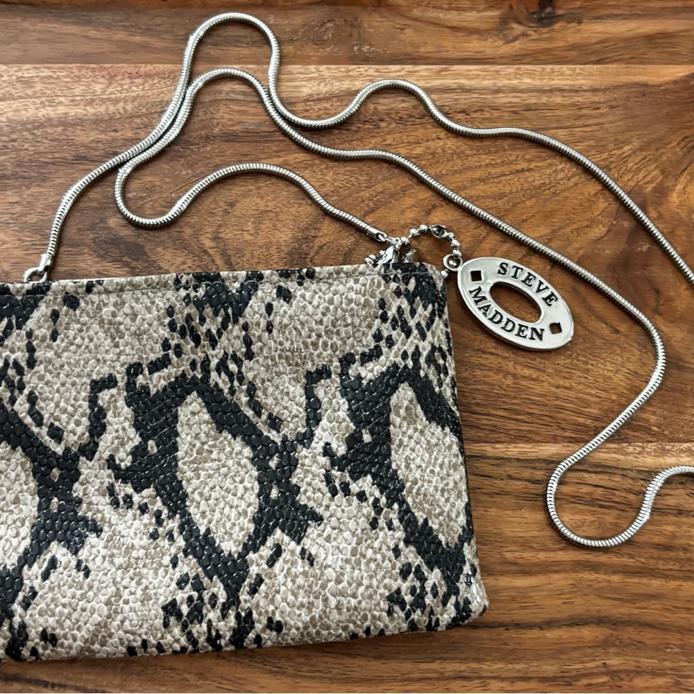 Steve Madden Snake-Print Crossbody in Cream and Black with Silver Chain